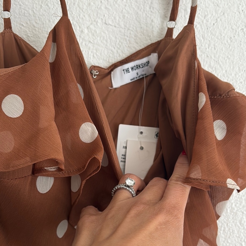 Brown and White Polka Dot Asymmetrical Sundress with Spaghetti Straps - Picture 8 of 8